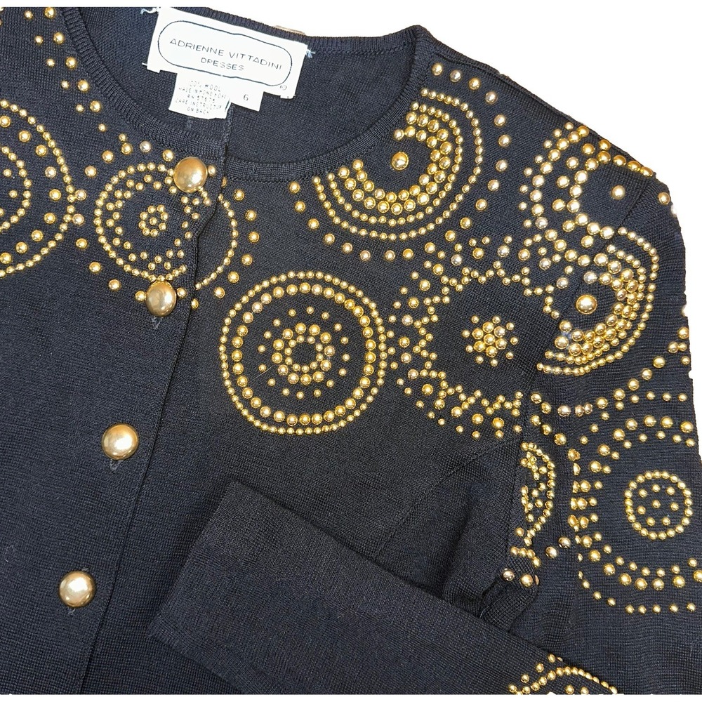 Vtg 90s Adrienne Vittadini Black Wool Jacket Gold Stud Embellished Womens 6 $490